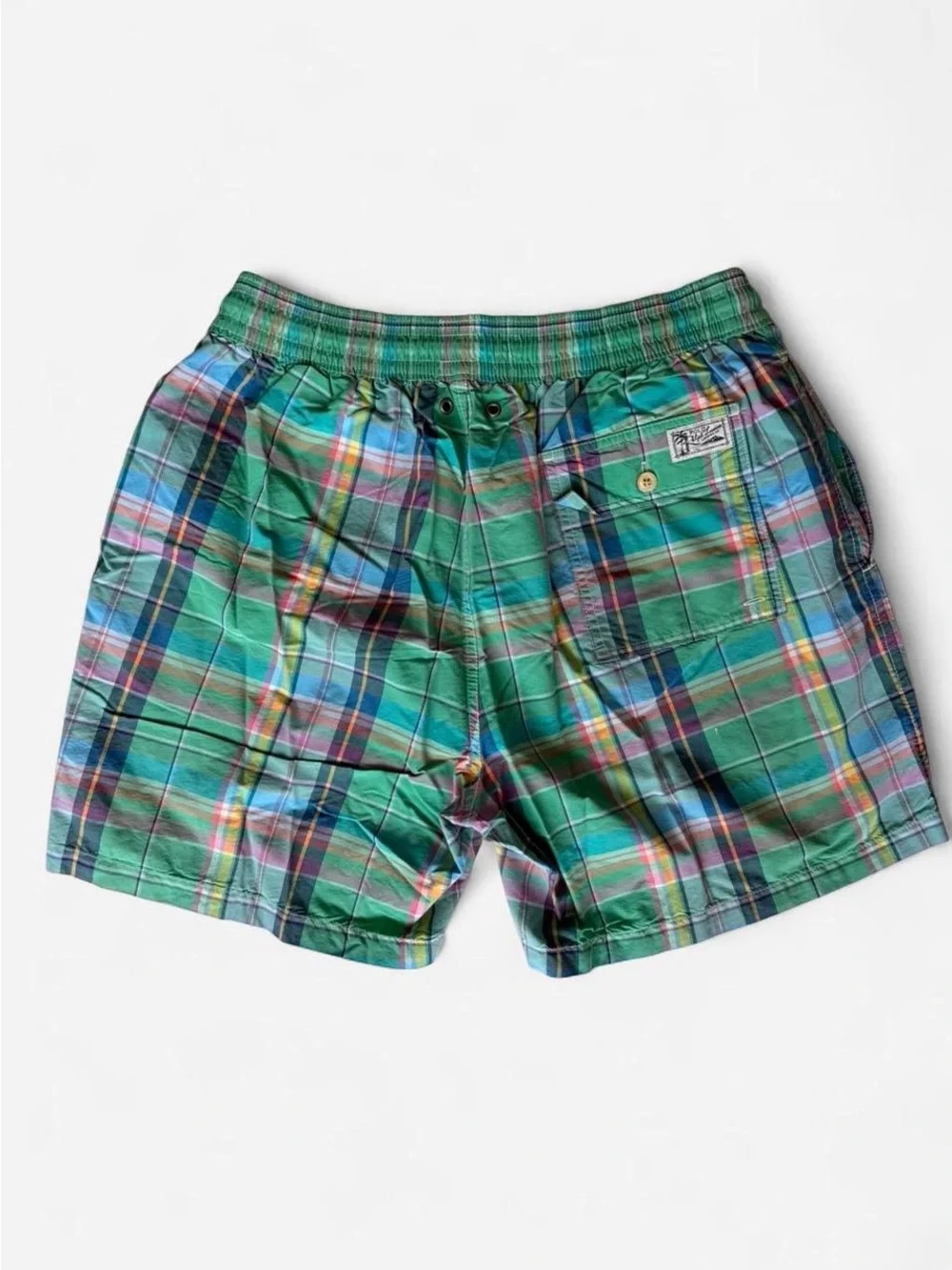 Polo by Ralph Lauren Green and Blue Plaid Elastic Waist Swim Shorts